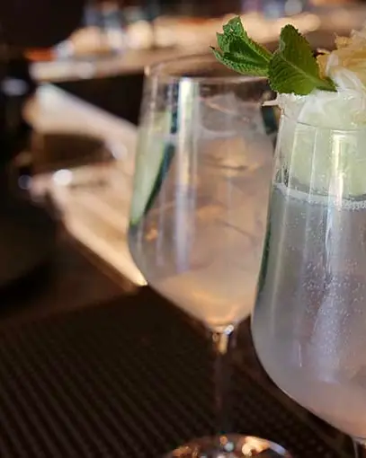 Due cocktail al bancone, guarniti con cetriolo e foglie fresche