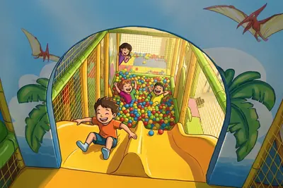 Disegno di bambini che scendono dallo scivolo nella piscina di palline della Ludoteca